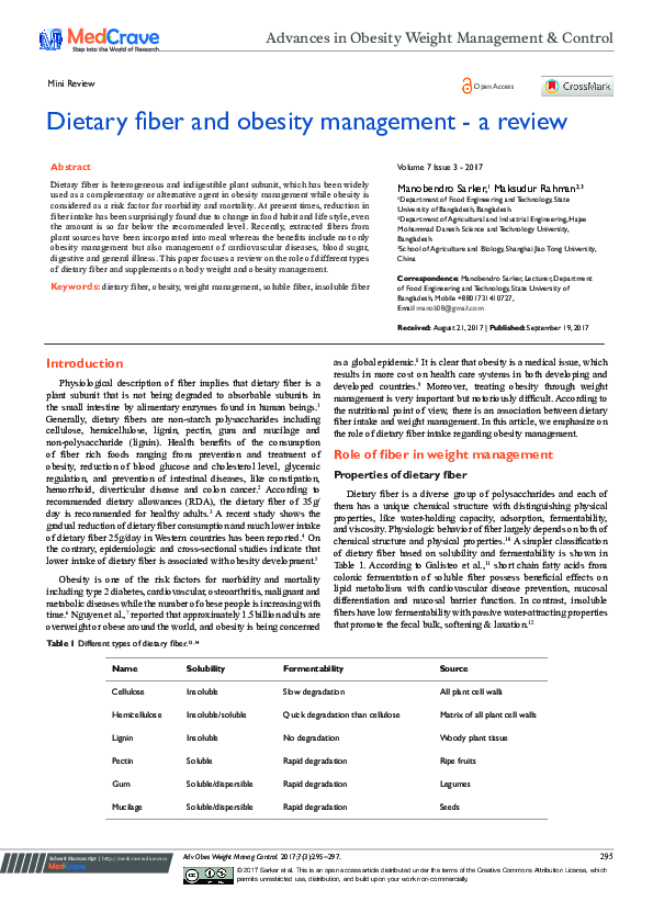 (PDF) Dietary Fiber and Obesity Management A Review Manobendro