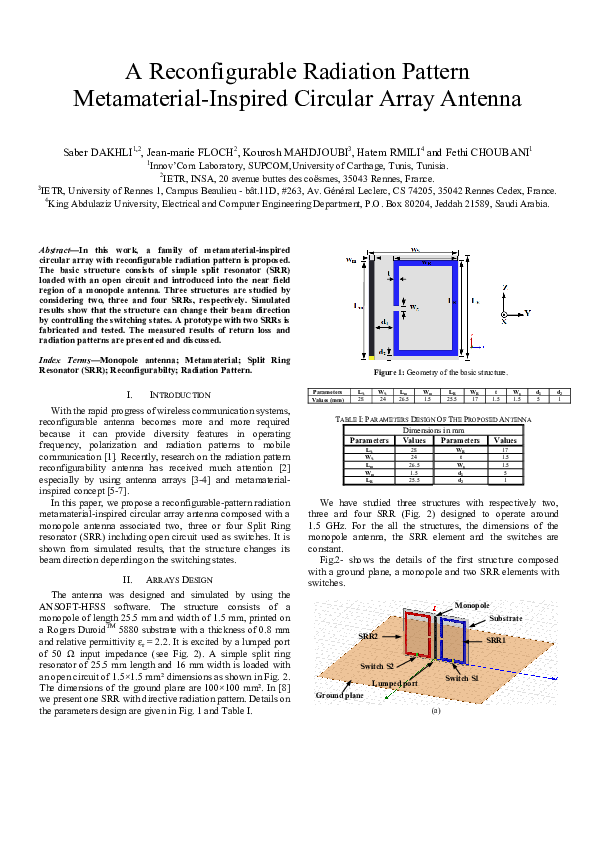 (PDF) A Reconfigurable Radiation Pattern Metameterial-Inspired Circular ...