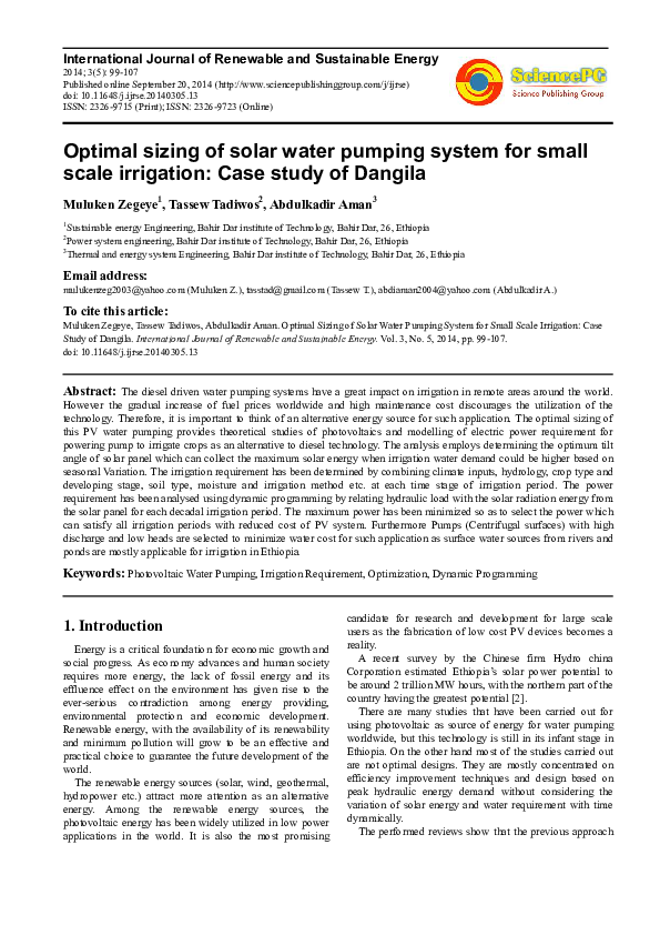 (PDF) Optimal Sizing of Solar Water Pumping System for Small Scale ...