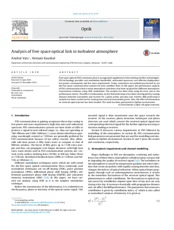 (PDF) Analysis of free space optical link in turbulent atmosphere