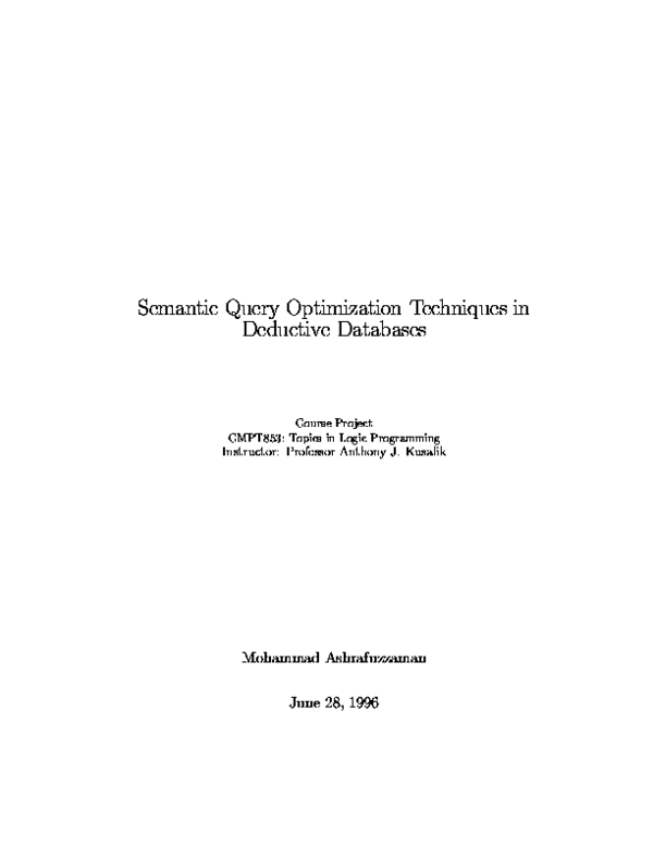 (PDF) Semantic Query Optimization Techniques in Deductive Databases