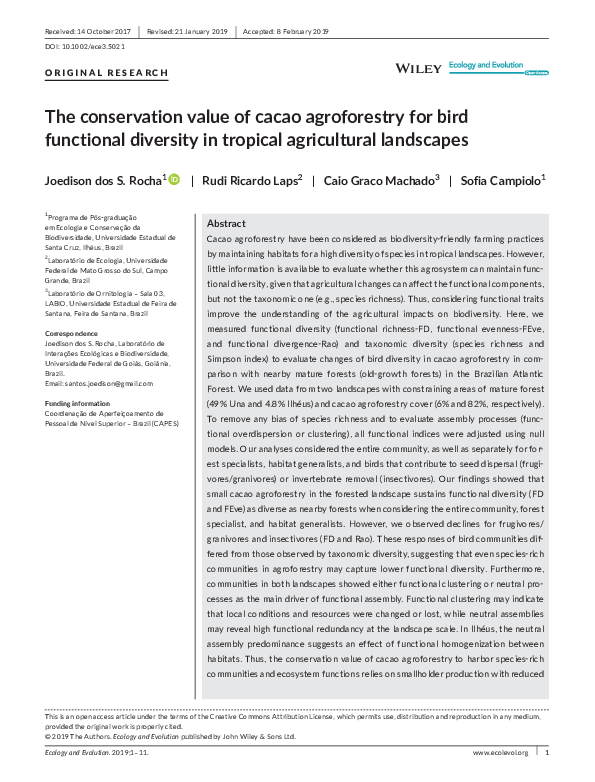 (PDF) The conservation value of cacao agroforestry for bird functional ...