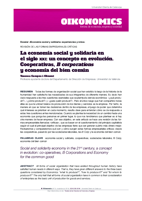(PDF) La economía social y solidaria en el siglo XXI: un concepto en ...
