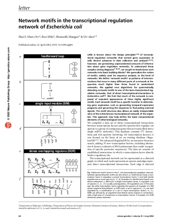 (PDF) Network motifs in the transcriptional regulation network of ...