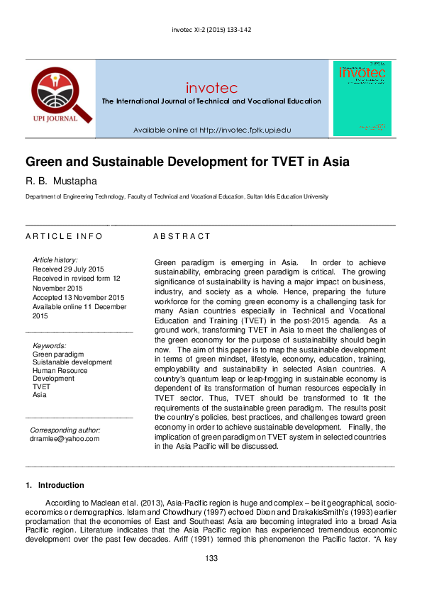 (PDF) Green and Sustainable Development for TVET in Asia