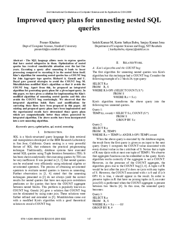 (PDF) Improved query plans for unnesting nested SQL queries