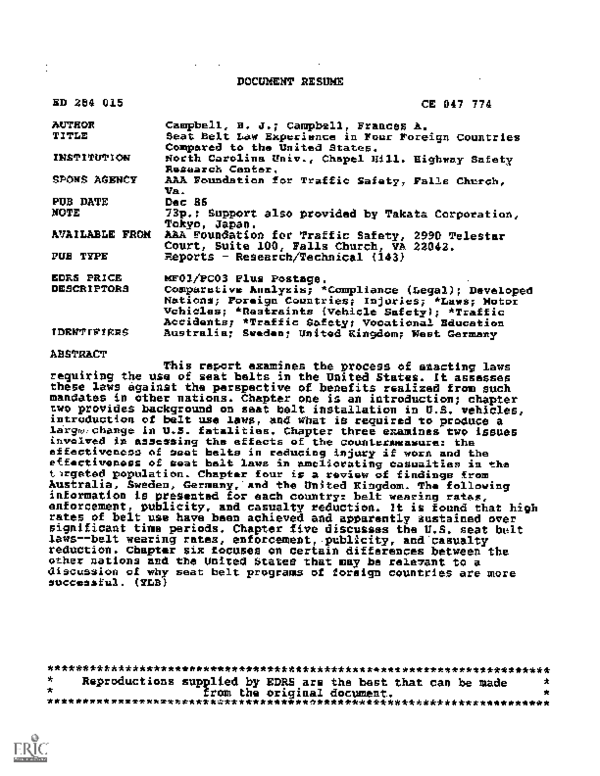 (PDF) Seat Belt Law Experience in Four Foreign Countries Compared to