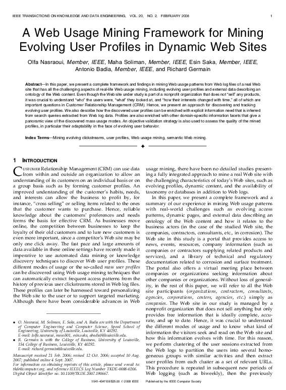 (PDF) A Web Usage Mining Framework for Mining Evolving User Profiles in ...