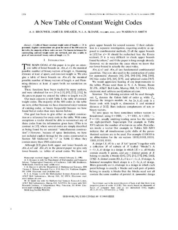 (PDF) A new table of constant weight codes