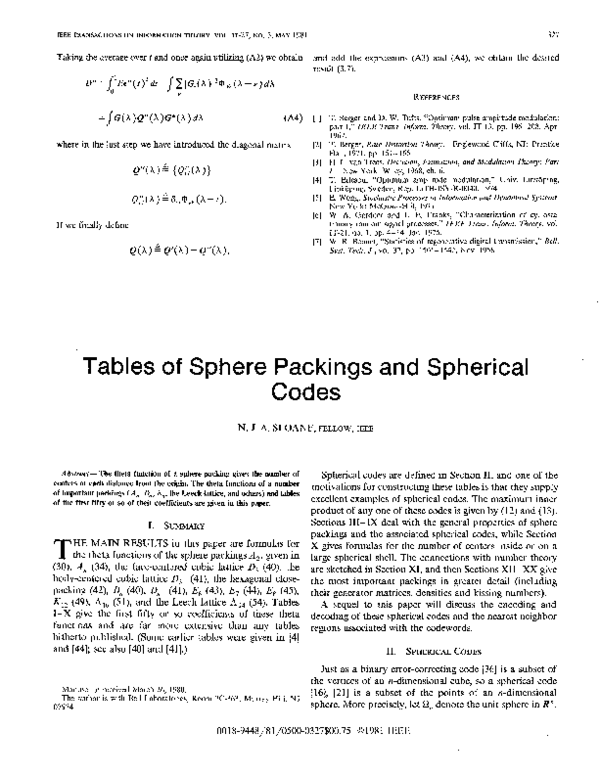 (PDF) Tables of sphere packings and spherical codes