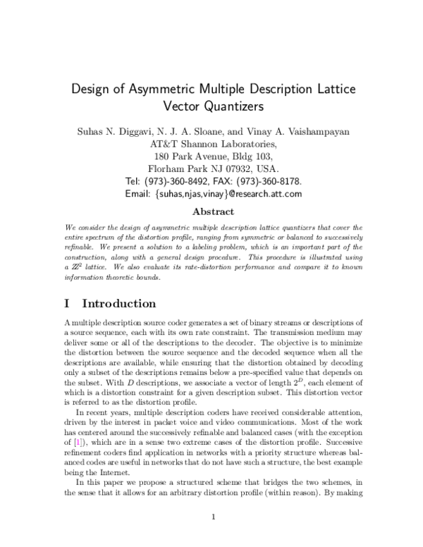 (PDF) Design of asymmetric multiple description lattice vector quantizers