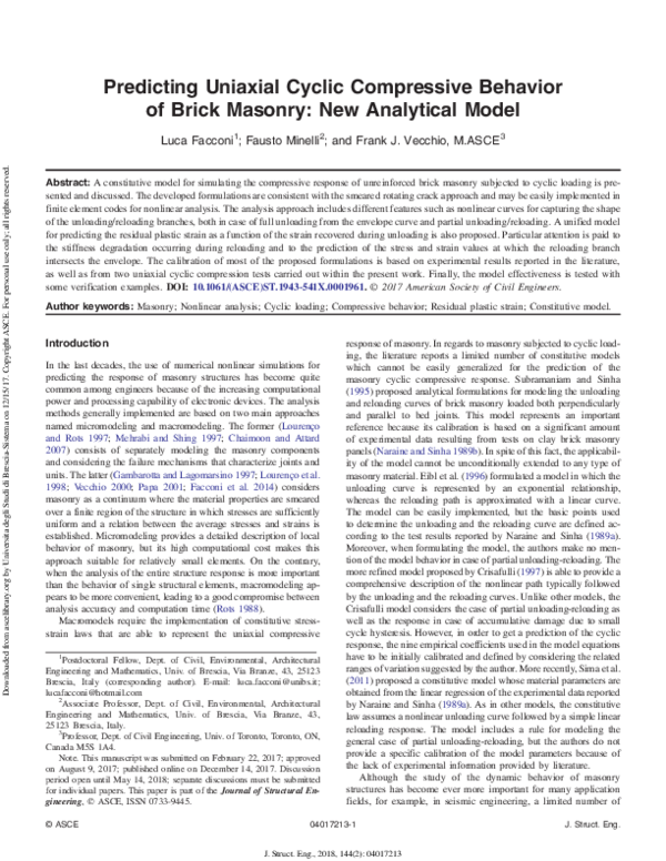 (PDF) Predicting Uniaxial Cyclic Compressive Behavior of Brick Masonry ...