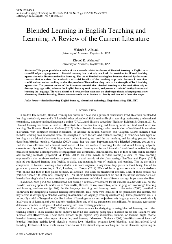 (PDF) Blended Learning in English Teaching and Learning: A Review of ...