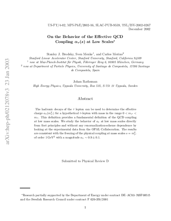 (PDF) Behavior of the effective QCD coupling ατ(s) at low scales