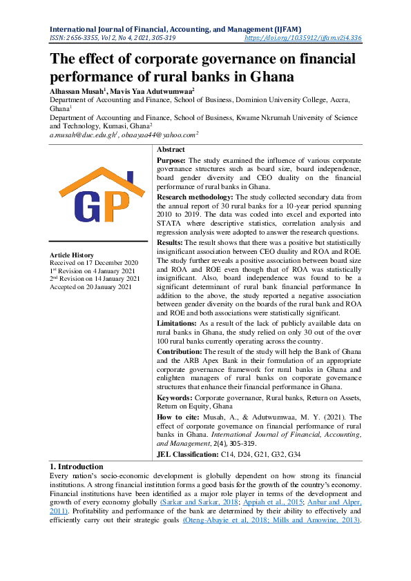 (PDF) The effect of corporate governance on financial performance of ...