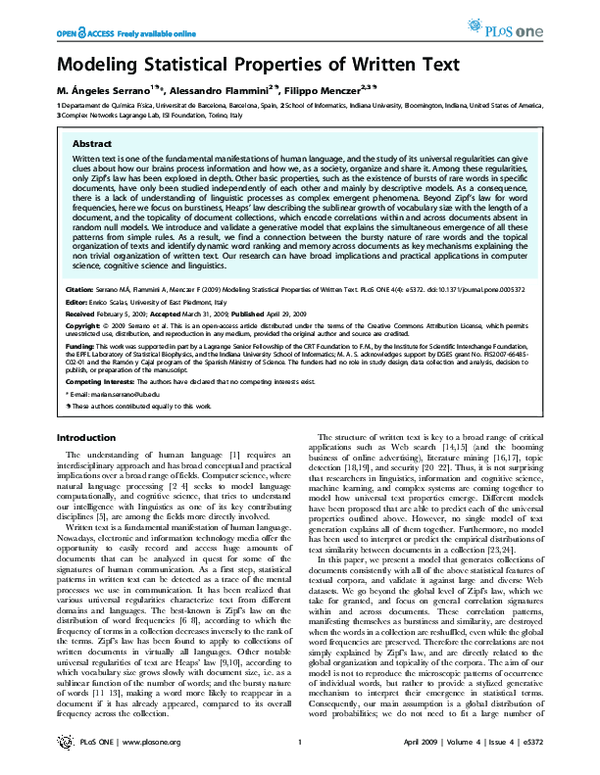 (PDF) Modeling Statistical Properties of Written Text