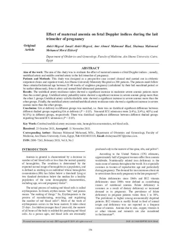 (PDF) Effect of maternal anemia on fetal Doppler indices during the ...