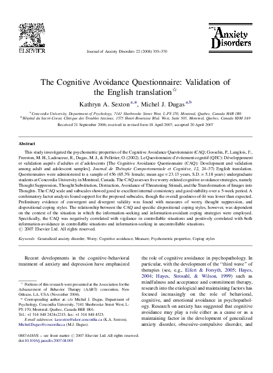(PDF) The Cognitive Avoidance Questionnaire Validation of the English
