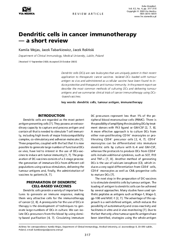 (PDF) Dendritic cells in cancer immunotherapy - a short review
