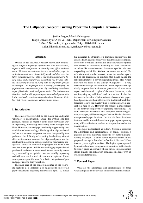 (PDF) The Callpaper Concept: Turning Paper into Computer Terminals
