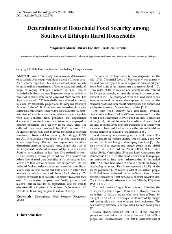 (PDF) Determinants of Household Food Security among Southwest Ethiopia ...