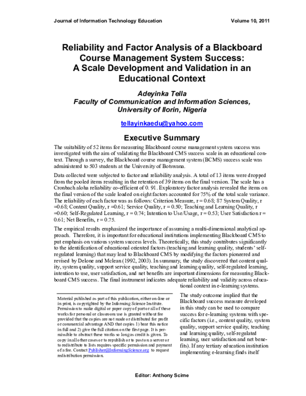 (PDF) Reliability and Factor Analysis of a Blackboard Course Management ...