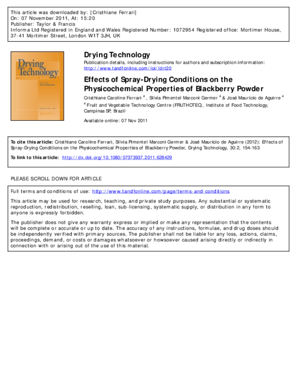 (PDF) Effects of spray drying conditions on the physicochemical and ...