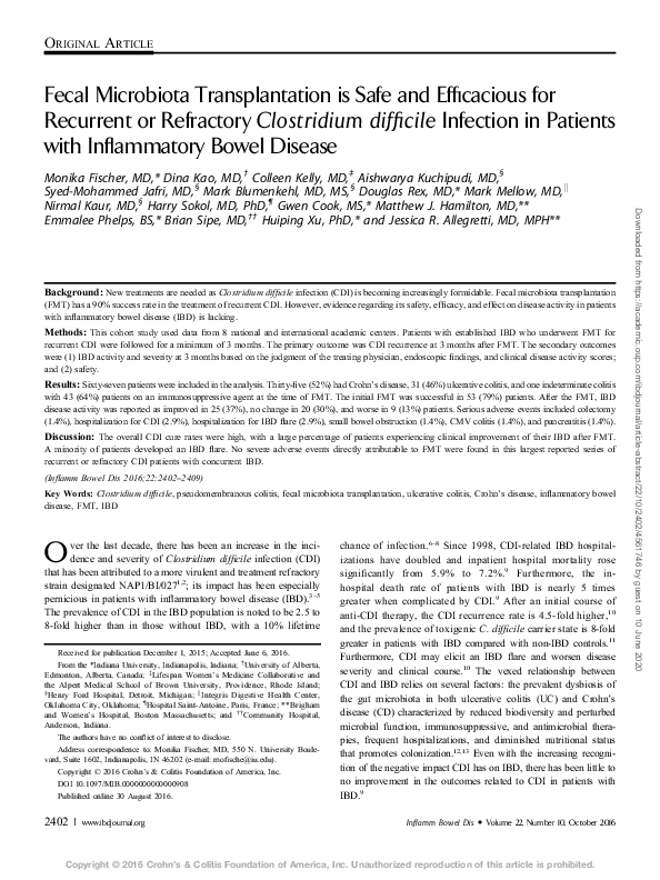 (PDF) Fecal Microbiota Transplantation is Safe and Efficacious for ...