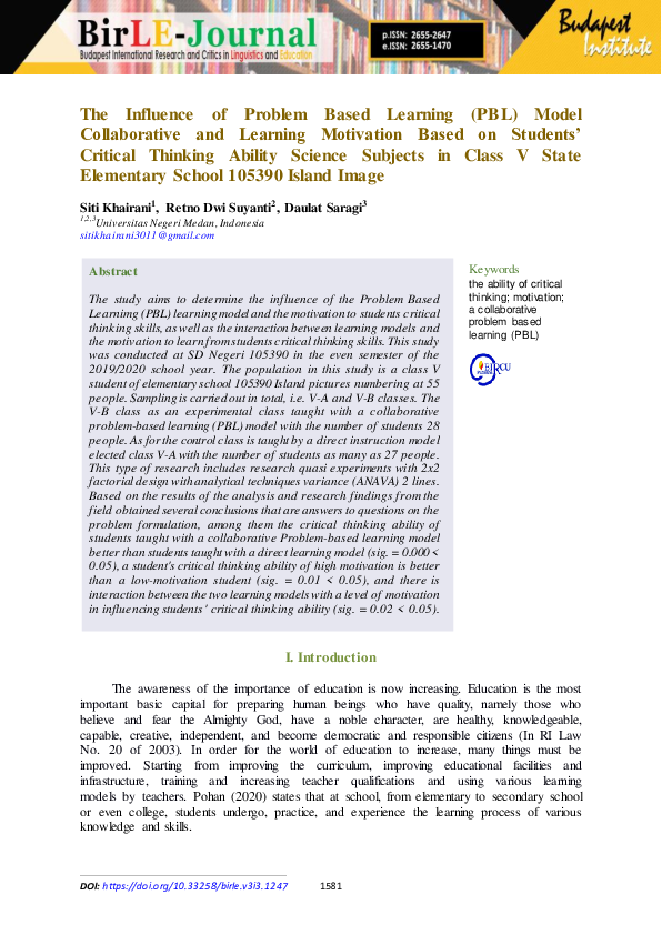 (PDF) The Influence of Problem Based Learning (PBL) Model Collaborative ...