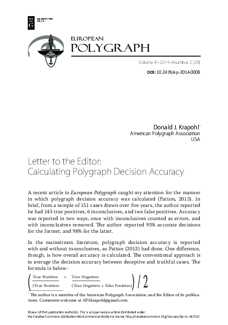 Pdf Letter To The Editor Calculating Polygraph Decision Accuracy