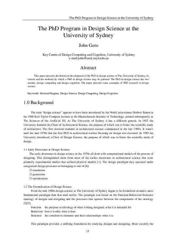 (PDF) The PhD Program in Design Science at the University of Sydney