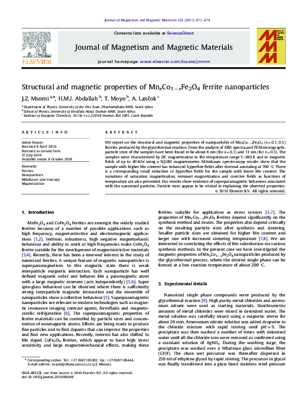 (PDF) Structural and magnetic properties of MnxCo1−xFe2O4 ferrite ...