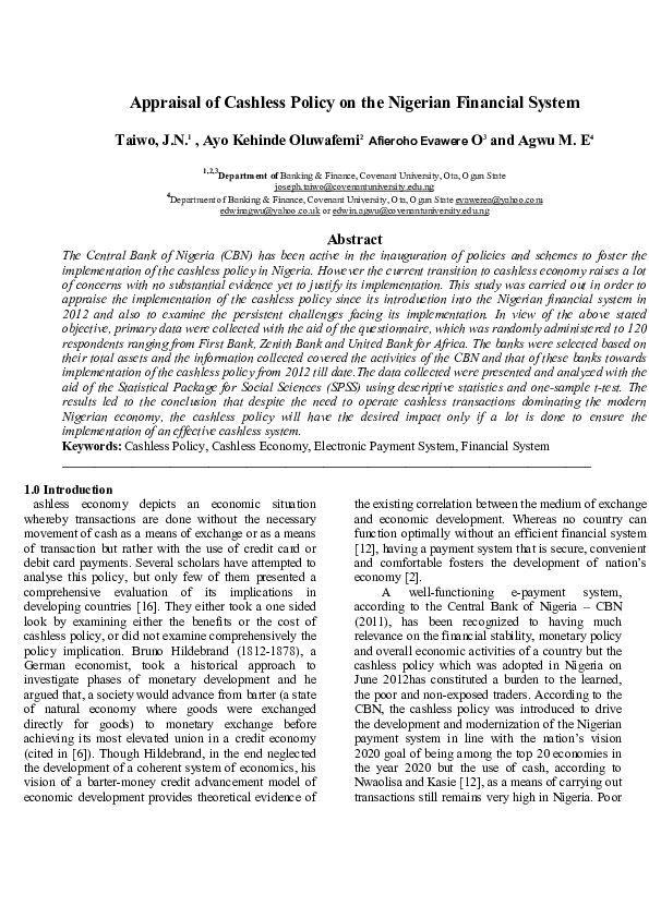 (PDF) Appraisal of Cashless Policy on the Nigerian Financial System