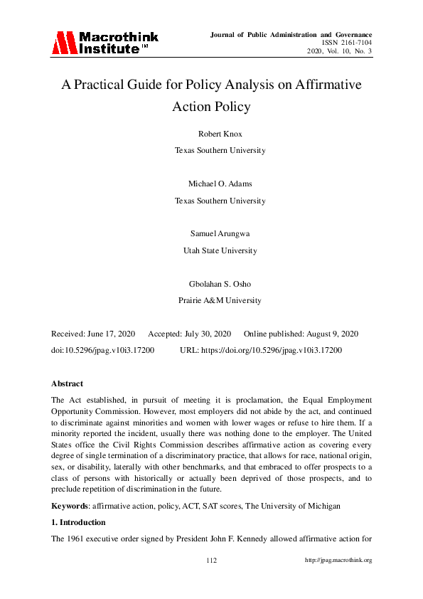 (PDF) A Practical Guide for Policy Analysis on Affirmative Action Policy