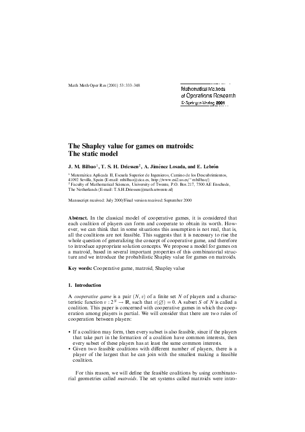 (PDF) The Shapley value for games on matroids: The static model