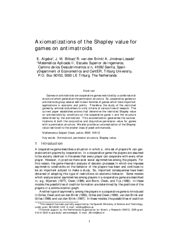 (PDF) Axiomatizations of the Shapley value for cooperative games on ...