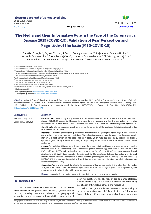 The Media and their Informative Role in the Face of the Coronavirus Disease 2019 (COVID-19): Validation of Fear Perception and Magnitude of the Issue (MED-COVID-19)