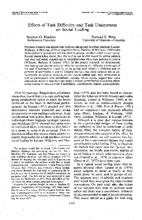 (PDF) Effects of task difficulty and task uniqueness on social loafing