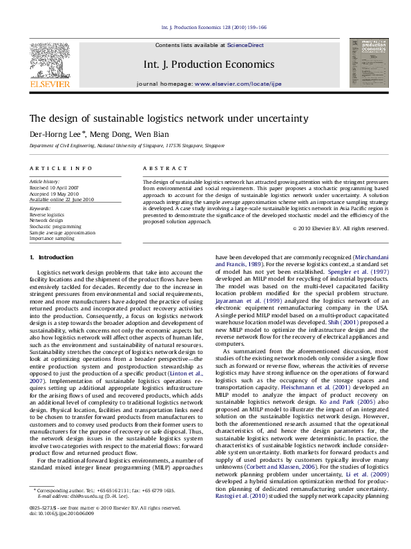 (PDF) The design of sustainable logistics network under uncertainty