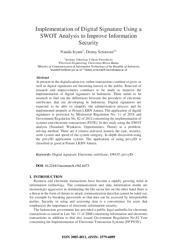 (PDF) Implementation of Digital Signature Using a SWOT Analysis to ...