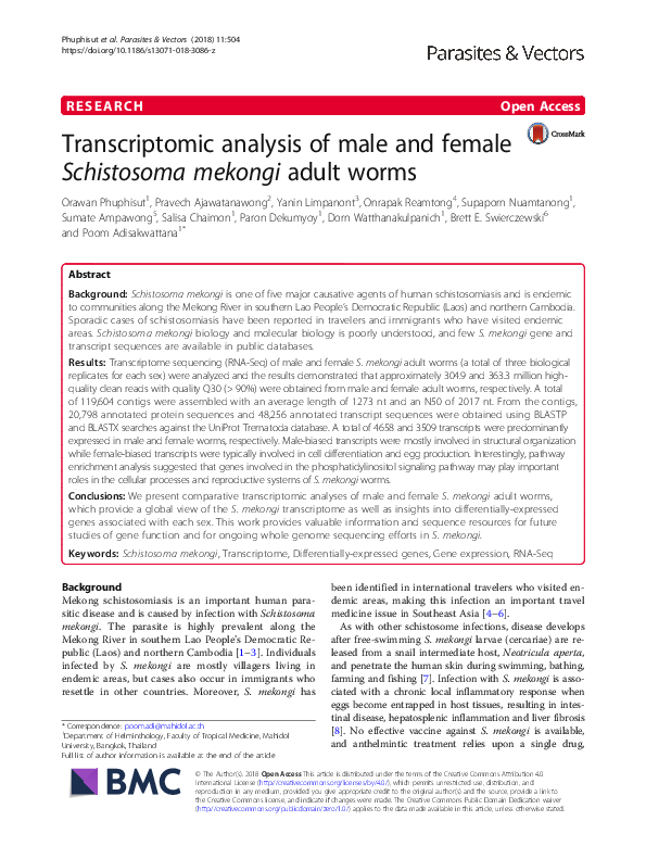 (PDF) Transcriptomic analysis of male and female Schistosoma mekongi ...