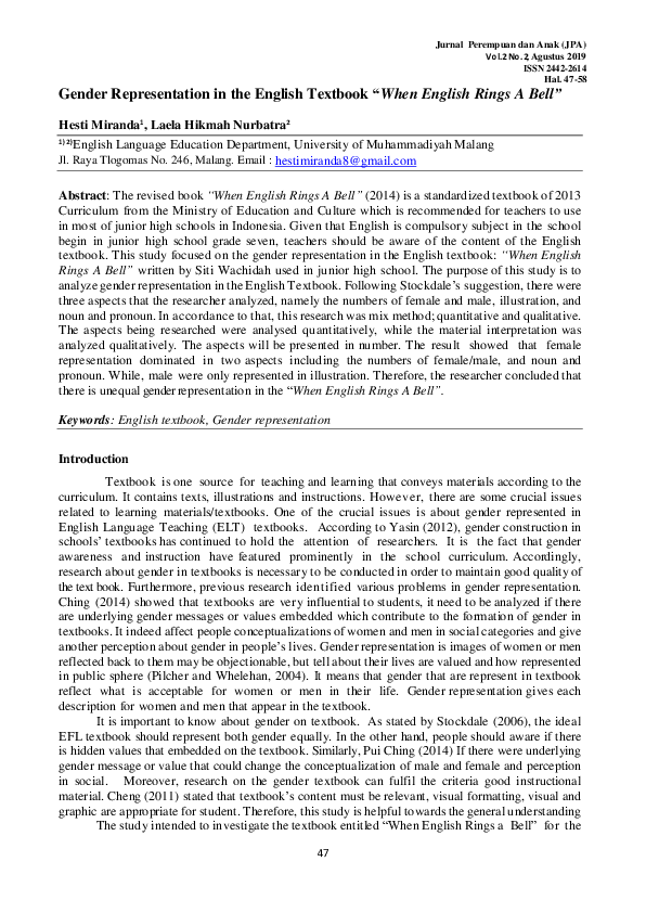 (PDF) Gender Representation in the English Textbook “When English Rings ...