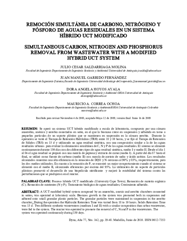 (PDF) Simultaneous Carbon, Nitrogen and Phosphorus Removal from ...