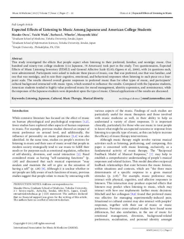 (PDF) Expected Effects of Listening to Music Among Japanese and ...