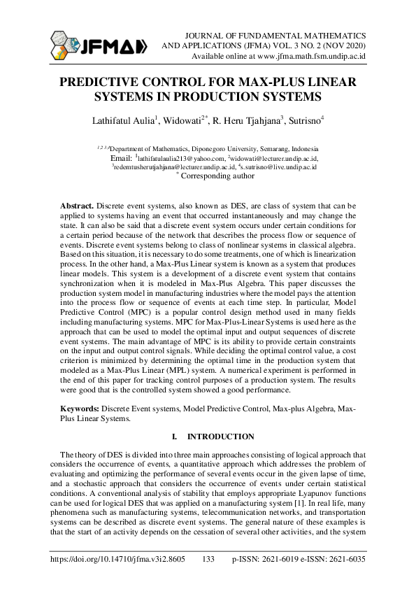 (PDF) Modeling Predictive Tracking Control for Max-Plus Linear Systems ...