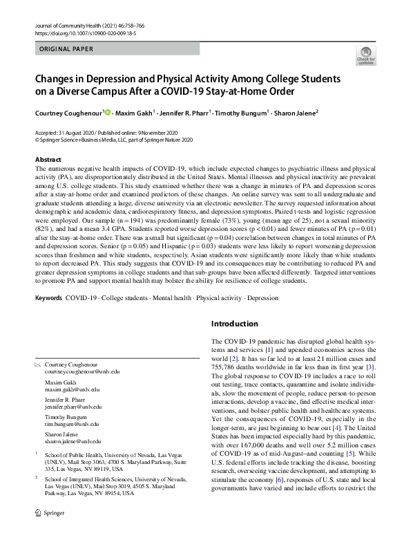 (PDF) Changes in Depression and Physical Activity Among College ...