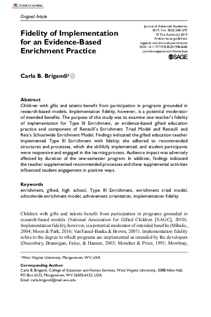 (PDF) Fidelity of Implementation for an Evidence-Based Enrichment Practice