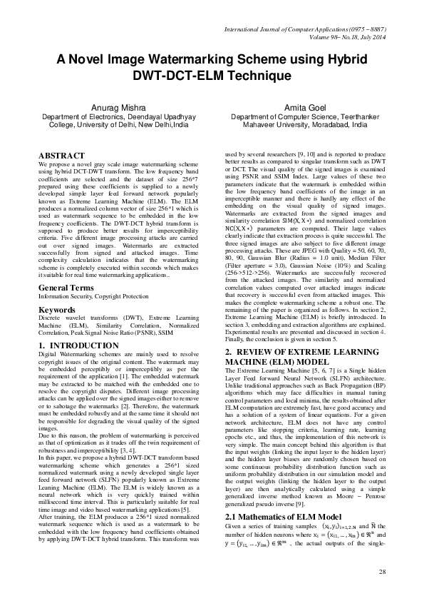 (PDF) A Novel Image Watermarking Scheme using Hybrid DWT-DCT-ELM Technique