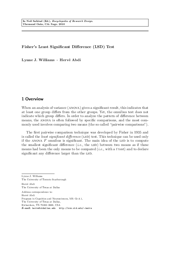 (PDF) Fisher's Least Signiflcant Difierence (LSD) Test