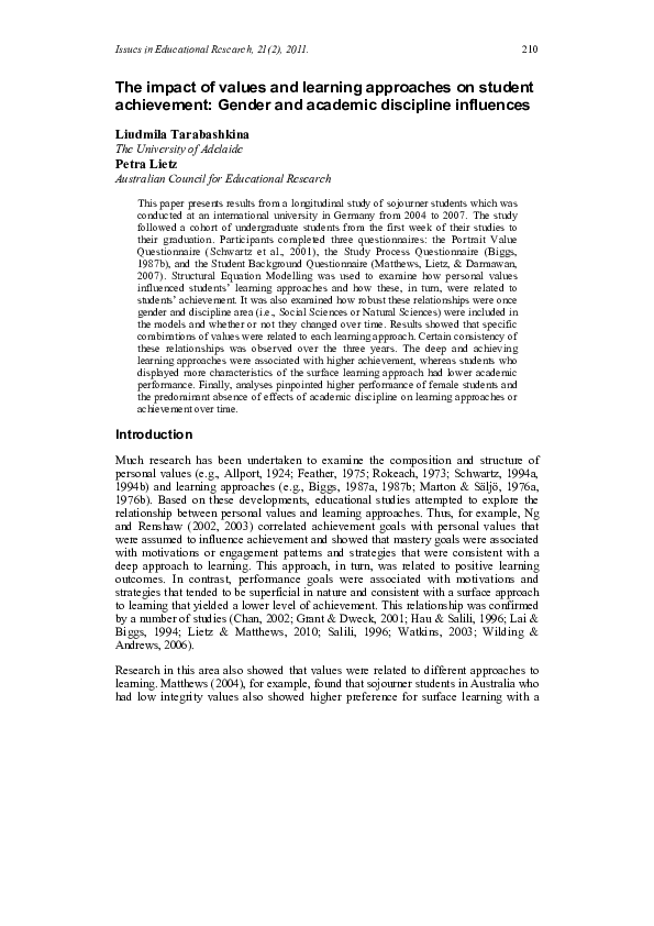 (PDF) The impact of values and learning approaches on student ...